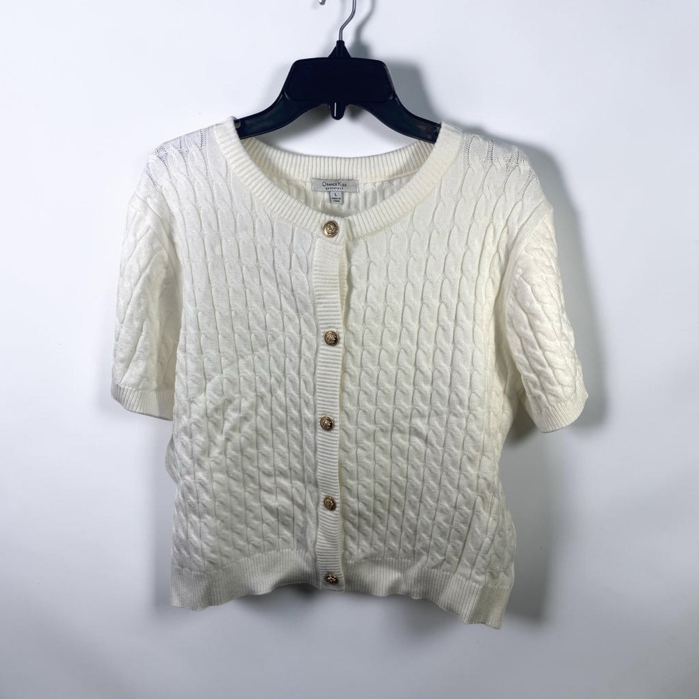 Orange Kiss Essentials White Cable Knit Short Sleeve Cardigan Gold Buttons L